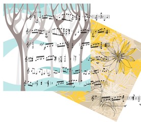 Beautiful card with trees, flower and musical notes. Vector illustration