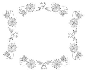 Beautiful frame with flowers. Black and white vector illustration.
