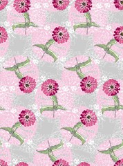Cute floral seamless pattern. Pink flowers on grunge background. Botanical vector illustration.