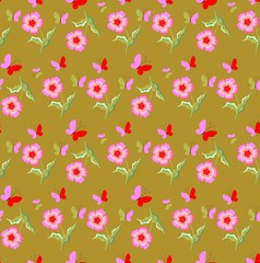 Beautiful seamless pattern with flowers and butterflies. Vector illustration.