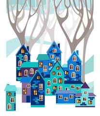 Winter town. Christmas card with houses and trees. Vector illustration