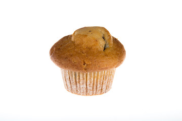 Single light chocolate chip muffin in wax liner on white.