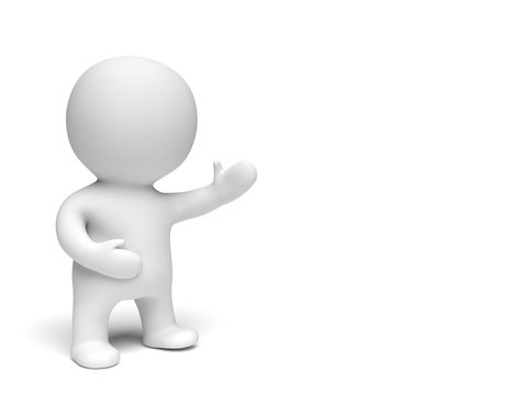white 3d character presenting an empty space in a white scene (3D illustration isolated on a white background)