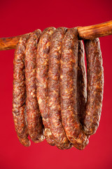 hanging smoked domestic trditional sausage