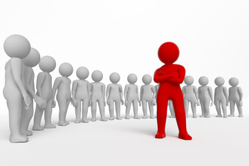 Small person the leader of a team allocated with red colour. 3d rendering. Isolated white background.