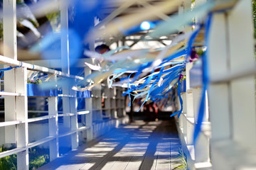 Beautiful wedding restaurant for marriage. White decor for bride and groom. Colorful decoration for celebration. Beauty bridal interior