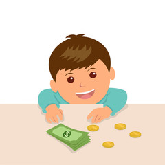 The boy put the money on the table to calculate their savings. The kid at the counter in the shop put the money to buy something.