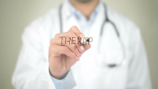 Therapy, Doctor writing on transparent screen