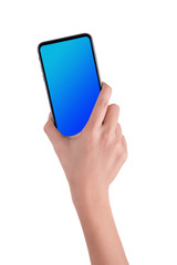 woman hand holding the phone tablet isolated on white background