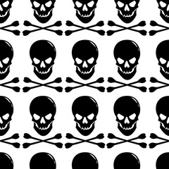 Seamless pattern with skull and crossbones on white background.
