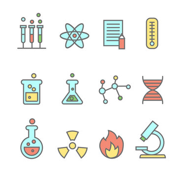 Scientific experiments, chemistry and bio technology line icons