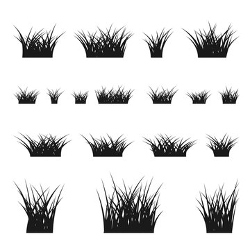 Grass bushes set. Nature plant background. Collection black silhouettes isolated on white. Symbol of field, lawn, spring and meadow, fresh, summer. Elements for design environment. Vector illustration
