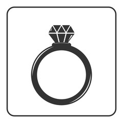 Diamond engagement ring icon. Crystal sign. Black circle silhouette isolated on white background. Flat fashion design element. Symbol of engagement, gift, jewel,luxury, expensive. Vector Illustration.
