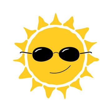 Happy sun fun icon. Cute smiling sign with sunglasses. Cartoon design. Yellow element, isolated on white background. Symbol of weather, heat, sunny and sunlight, smile, relaxation. Vector illustration