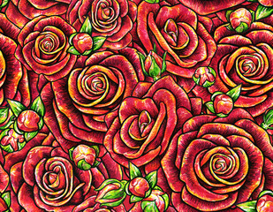 Red drawn roses seamless background. Flowers illustration front view. Handwork by felt-tip pens. Pattern in retro vintage style for design
