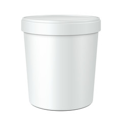 White Food Plastic Tub Bucket Container For Dessert, Yogurt, Ice Cream, Sour Cream Or Snack. Illustration Isolated On White Background. Mock Up Template Ready For Your Design. Product Packing 