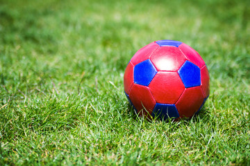 Fototapeta na wymiar Red and blue fotball on grass