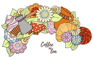 Tea and coffee hand drawn pattern. Background element for menu, site, cafe, restaurant, teahouse. Breakfast theme. 