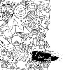 Mathematics science theme. Hand drawn pattern about school and learning in doodle style. Teacher's day black and white background. Pattern created from sketch by trace.