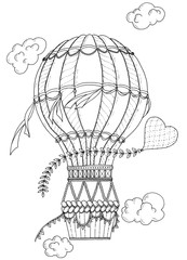 Summer theme. Black and white air balloon and doodle heart. Doodle romantic background. Zentangle inspired pattern with aerostat for coloring book pages for adults and kids.
