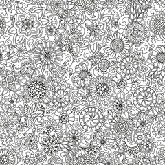 Seamless hand drawn pattern with flowers. Ornate pattern with abstract flowers and leaves. Doodle floral background. Zentangle inspired pattern. Black and white pattern for your business.