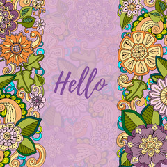 Floral card. Colored hand drawn pattern with flowers. Zentangle inspired pattern. Doodle background for web, printed media design. Banner, business card, flyer, invitation, greeting card, postcard.
