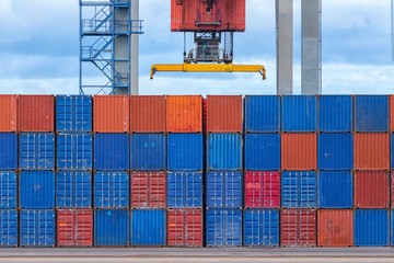 Cargo containers in shipyard
