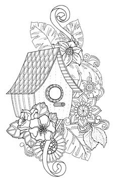Black and white wood nesting box. Hand drawn outline nesting box decorated with floral ornament. Zentangle inspired pattern for coloring book pages for adults and kids, tattoo, poster. Boho style.