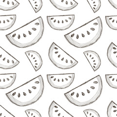 Seamless vector pattern with hand drawn fruits. Background with piece of watermelons. Series of Cartoon, Doodle, Sketch and Hand drawn Seamless Patterns.