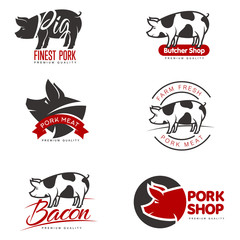 set of logos with a pig, vector simple illustration isolated on white background set of different pork logo, black and red logos about the pork store