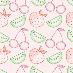 Seamless vector pattern with hand drawn fruits. Colorful Background with watermelons, srawberries and cherries. Series of Cartoon, Doodle, Sketch and Hand drawn Seamless Patterns.