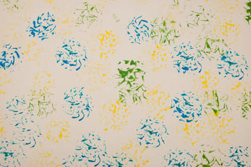 pattern of blue, yellow, green, stamp made in gouache on a white background 5-6 years old children