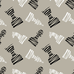 Seamless vector chaotic pattern with black decorative lined chess pieces. Grey background with black and white chessmen. Series of Gaming and Gambling Patterns.
