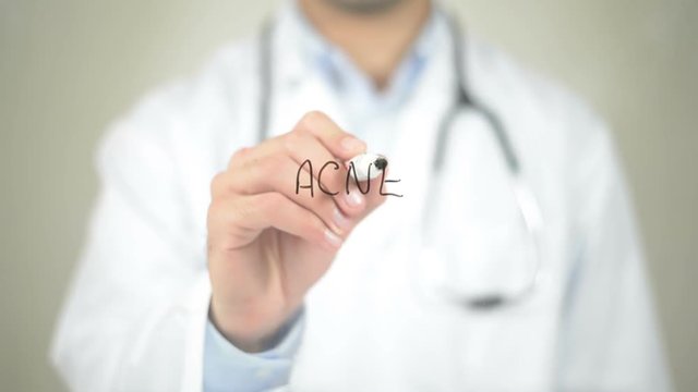 Acne , Doctor writing on transparent screen