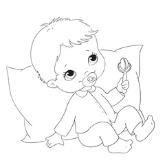 Cute character baby on a pillow. Vector coloring book.