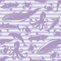 Obraz na płótnie Canvas Seamless pattern with sea animals on violet striped background