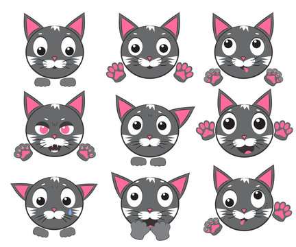 Vector icons of smiley cat faces with paws