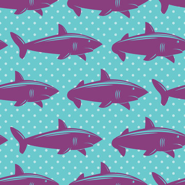 Seamless pattern with violet sharks on blue dotted background