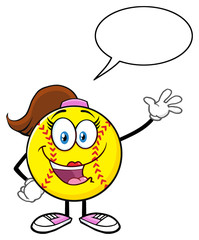 Cute Softball Girl Cartoon Character Waving For Greeting With Speech Bubble
