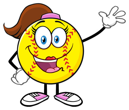 Cute Softball Girl Cartoon Character Waving For Greeting