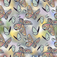 Vector seamless texture with butterflies, distorting net space.
