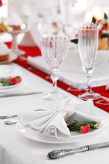 Beautiful served table for wedding or other celebration in restaurant