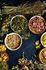 Assortment of dry medicinal herbs in bowls on wooden background top view