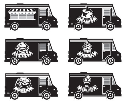 collection of six food trucks 