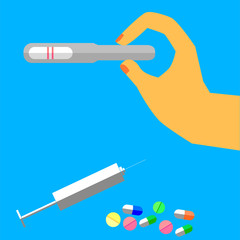 Hand - Holding Pregnancy Test Pack, Positive Result, with pill, capsule and syringe,
, at blue background
