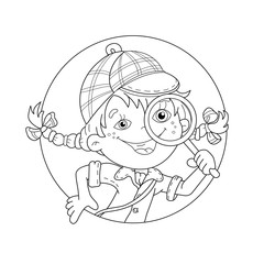 Coloring Page Outline Of cartoon girl detective with loupe
