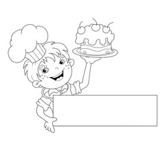Coloring Page Outline Of cartoon Boy chef with cake. Menu