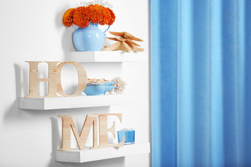 Blue home decor on the shelf