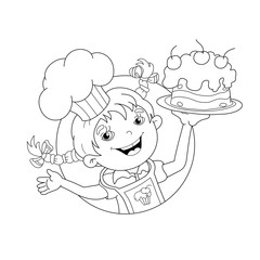 Coloring Page Outline Of cartoon Girl chef with cake
