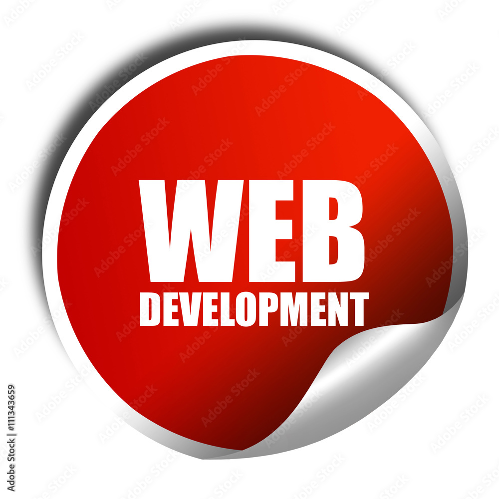 Poster web development, 3d rendering, red sticker with white text